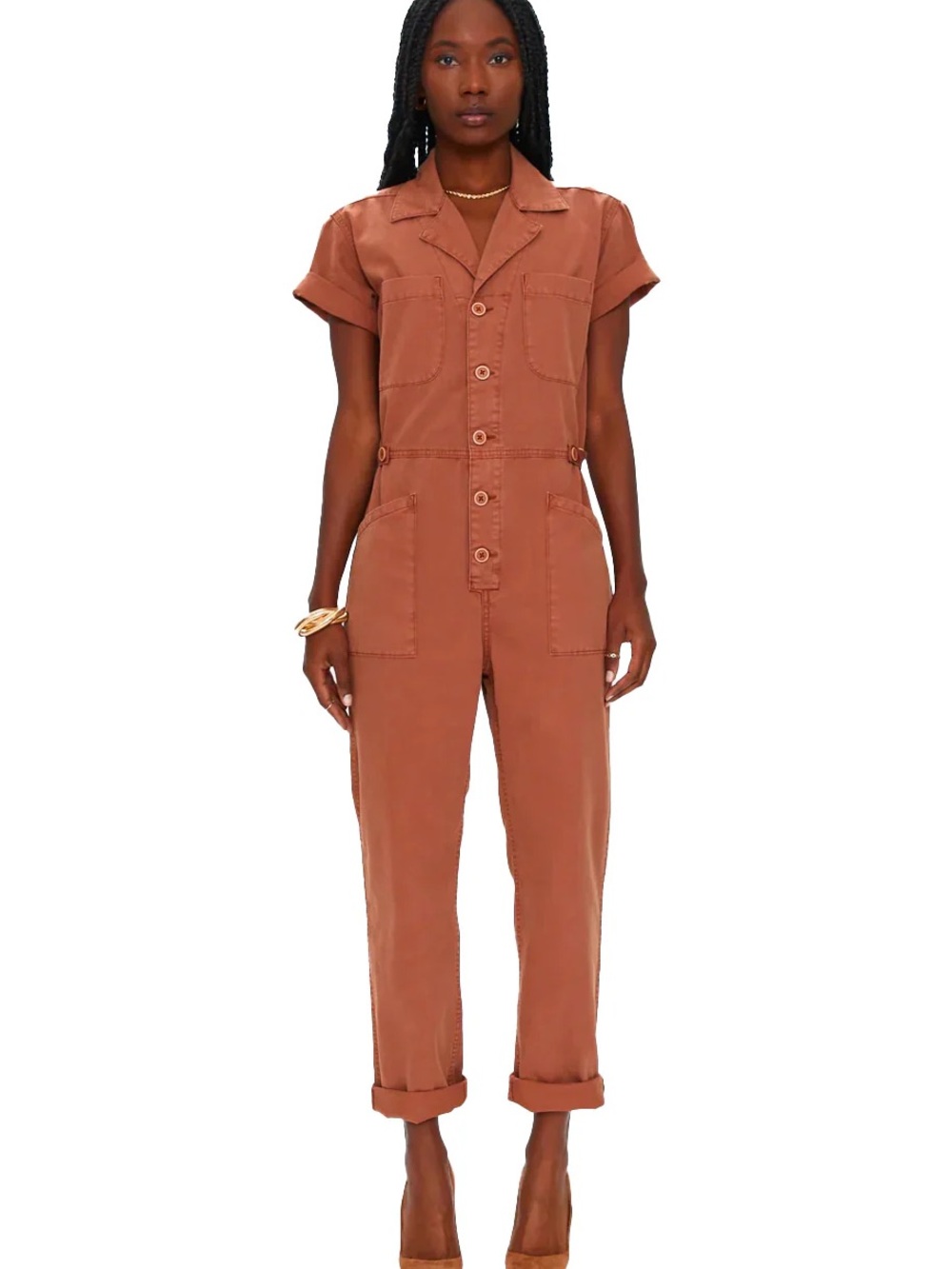 Pistola Grover Short-Sleeve Utility Jumpsuit in Rust Orange